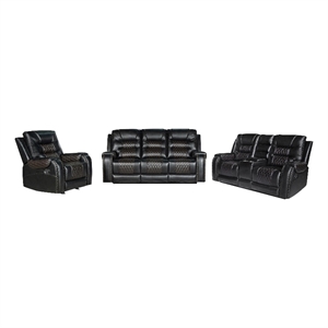 3-Piece Manual Recliner Sofa Set Black PU Leather with Cup Holders Storage