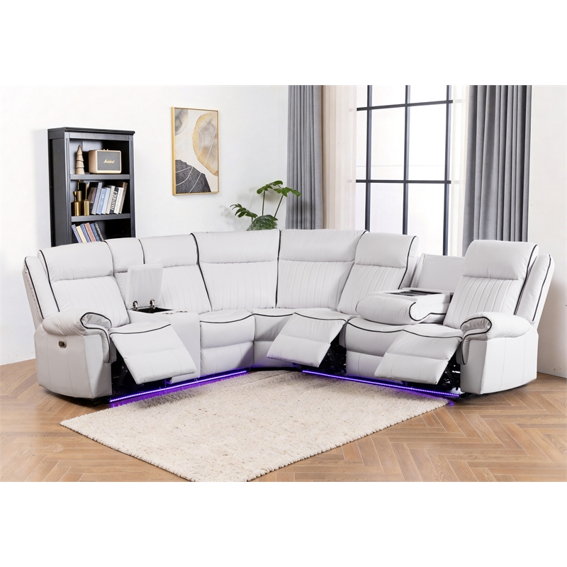 Power Reclining Sectional Faux Leather Sofa Speaker LED Strip White