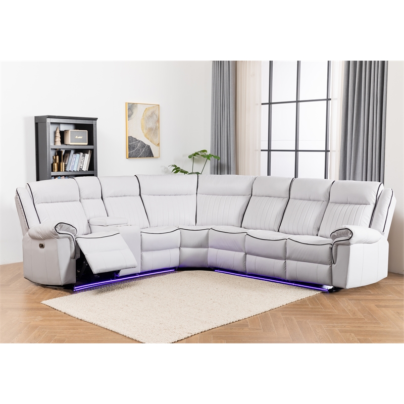 Power Reclining Sectional Faux Leather Sofa Speaker LED Strip White