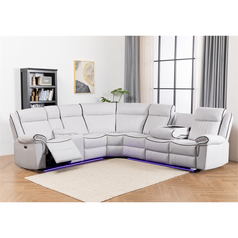 Power Reclining Sectional Faux Leather Sofa Speaker LED Strip White