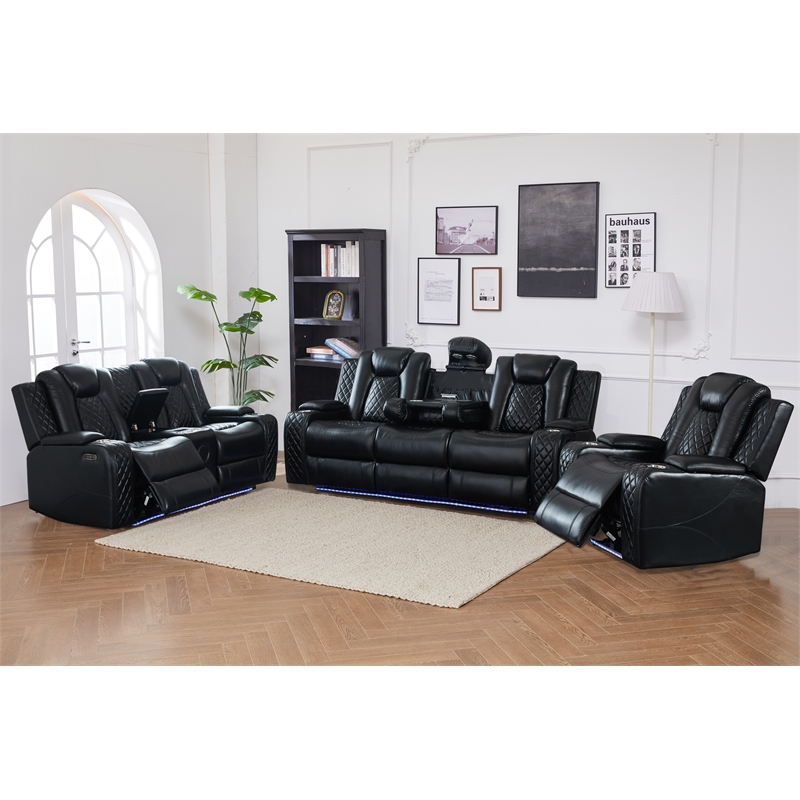 Power Reclining Sofa Set Black Faux Leather 3-Piece & LED Lights Speaker Wireless Charging