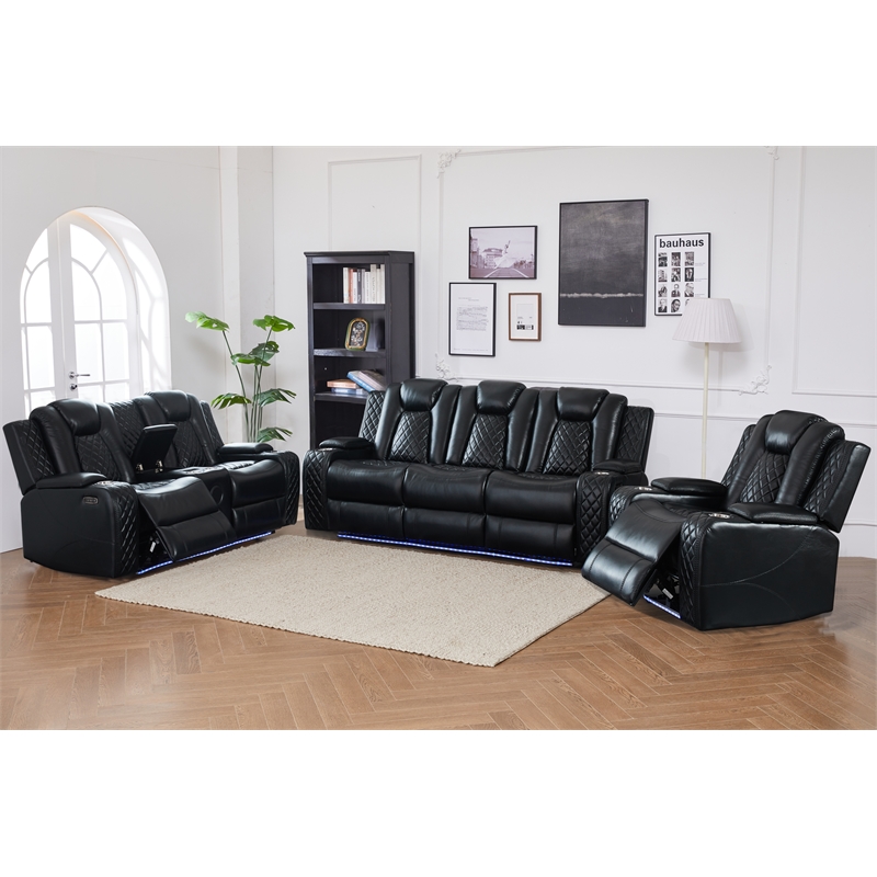Power Reclining Sofa Set Black Faux Leather 3-Piece & LED Lights Speaker Wireless Charging