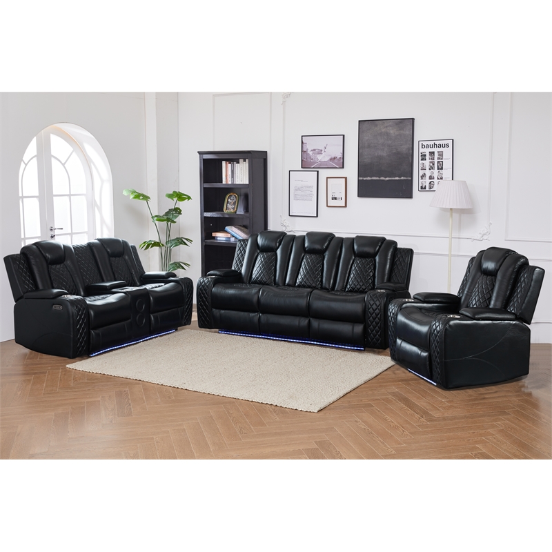 Power Reclining Sofa Set Black Faux Leather 3-Piece & LED Lights Speaker Wireless Charging