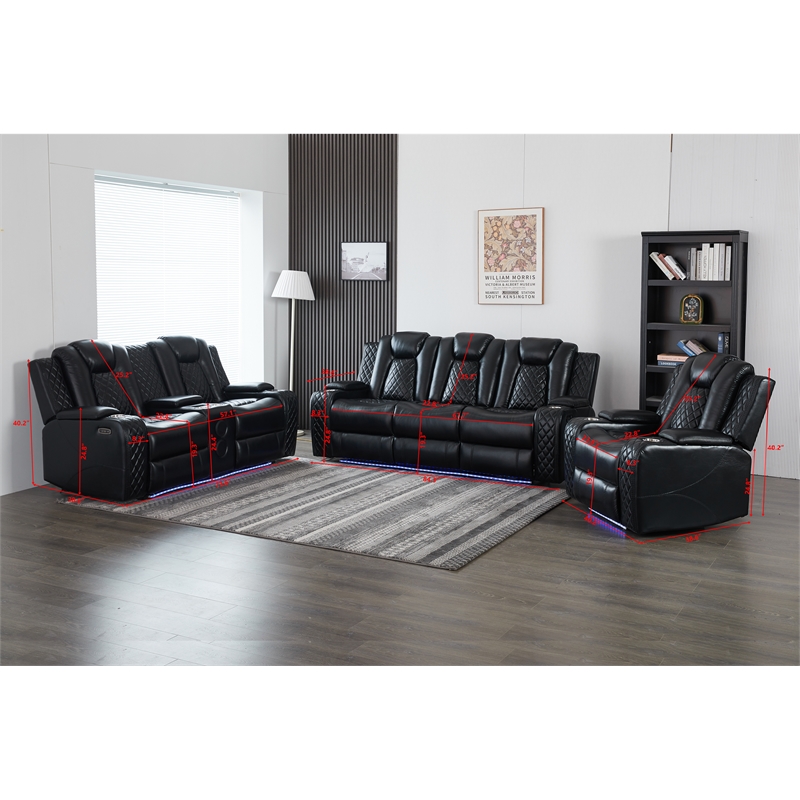 Power Reclining Sofa Set Black Faux Leather 3-Piece & LED Lights Speaker Wireless Charging