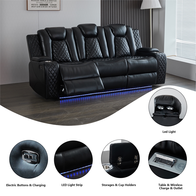 Power Reclining Sofa Set Black Faux Leather 3-Piece & LED Lights Speaker Wireless Charging
