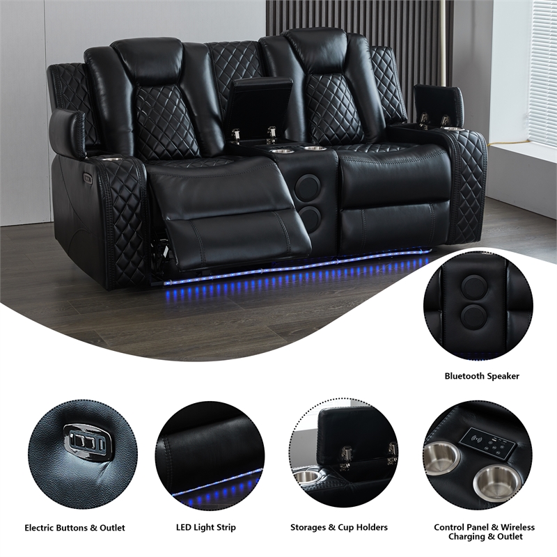 Power Reclining Sofa Set Black Faux Leather 3-Piece & LED Lights Speaker Wireless Charging
