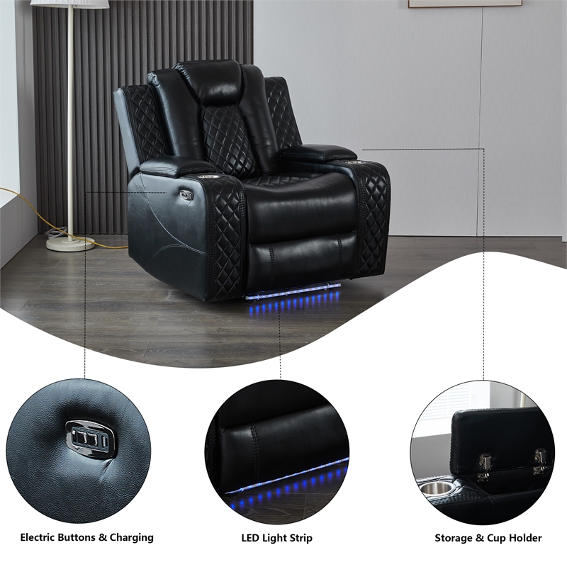 Power Reclining Sofa Set Black Faux Leather 3-Piece & LED Lights Speaker Wireless Charging