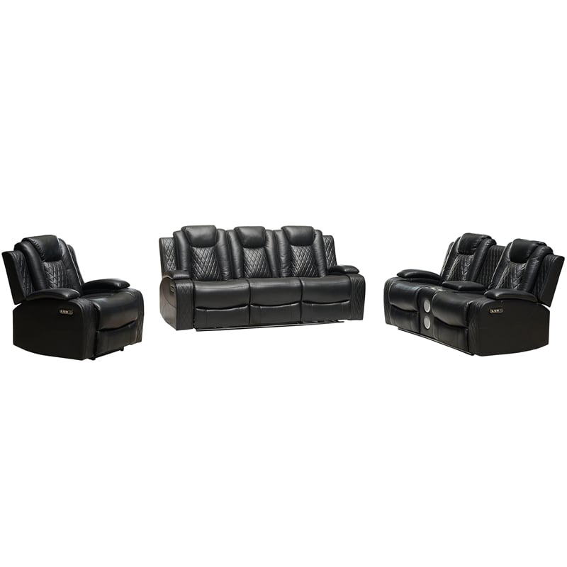 Power Reclining Sofa Set Black Faux Leather 3-Piece & LED Lights Speaker Wireless Charging