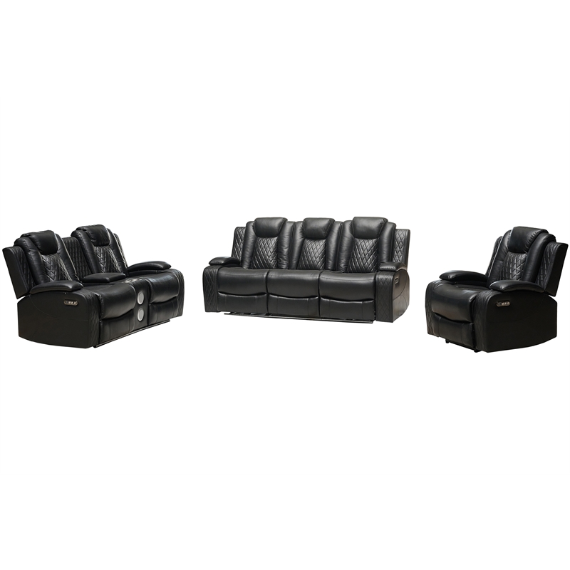 Power Reclining Sofa Set Black Faux Leather 3-Piece & LED Lights Speaker Wireless Charging