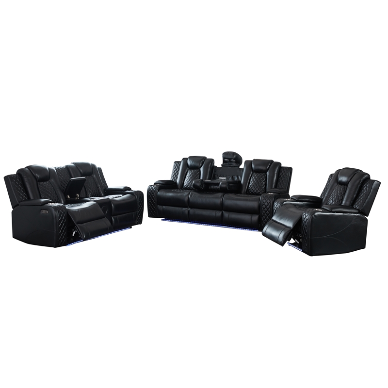Power Reclining Sofa Set Black Faux Leather 3-Piece & LED Lights Speaker Wireless Charging