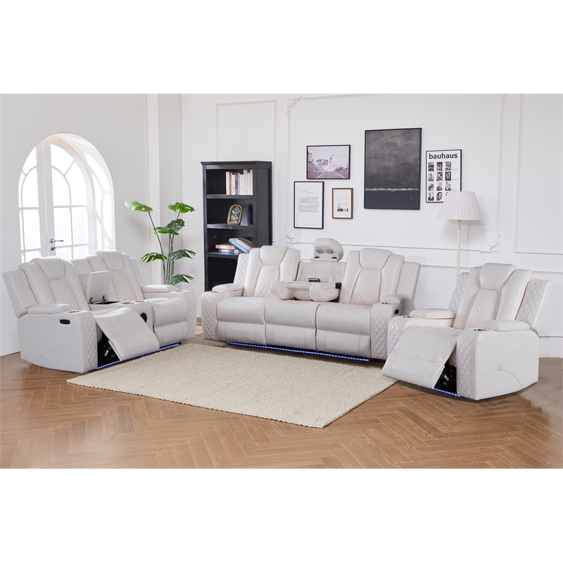 Power Reclining Sofa Set White Faux Leather 3-Piece & LED Lights Speaker Wireless Charging