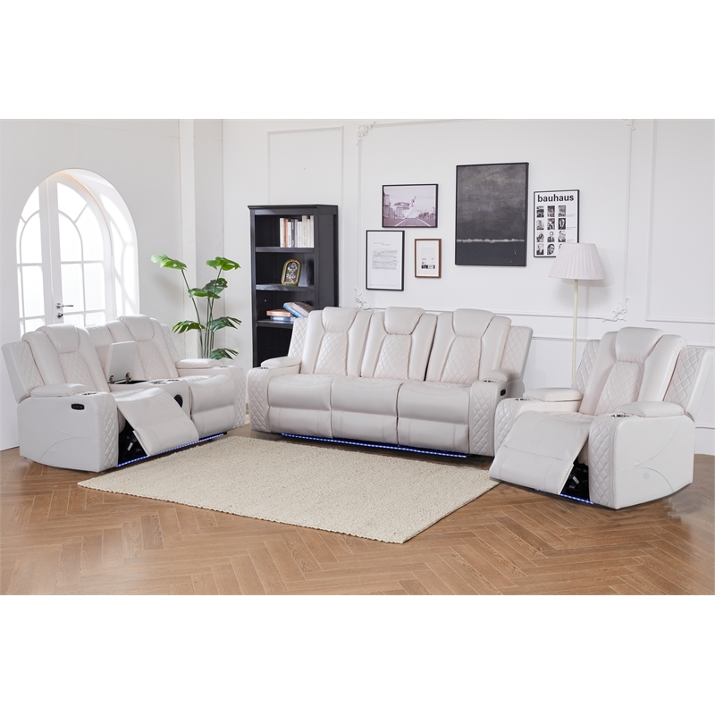 Power Reclining Sofa Set White Faux Leather 3-Piece & LED Lights Speaker Wireless Charging