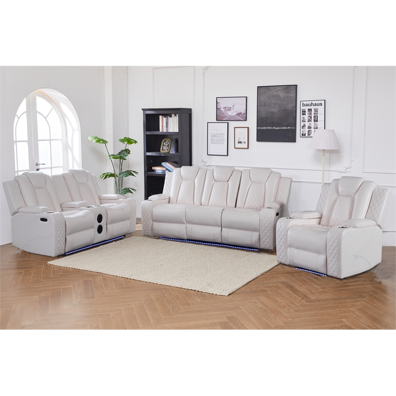 Power Reclining Sofa Set White Faux Leather 3-Piece & LED Lights Speaker Wireless Charging