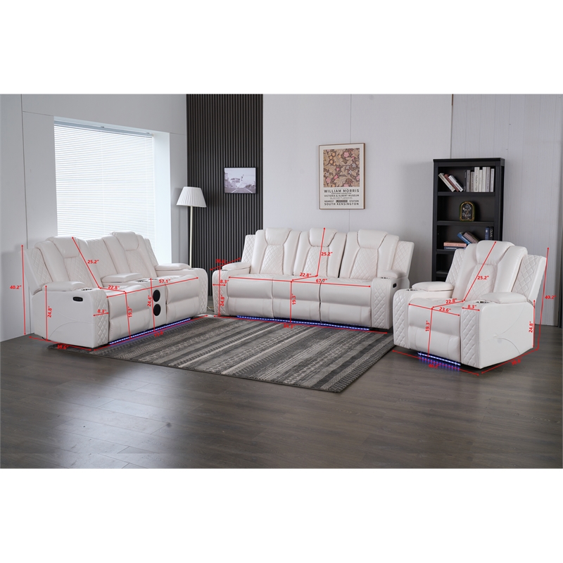 Power Reclining Sofa Set White Faux Leather 3-Piece & LED Lights Speaker Wireless Charging