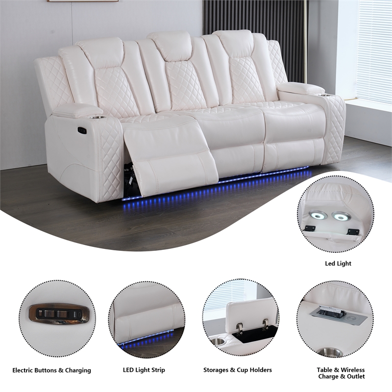 Power Reclining Sofa Set White Faux Leather 3-Piece & LED Lights Speaker Wireless Charging