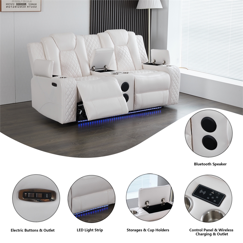 Power Reclining Sofa Set White Faux Leather 3-Piece & LED Lights Speaker Wireless Charging