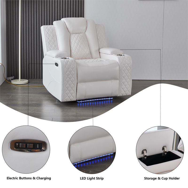 Power Reclining Sofa Set White Faux Leather 3-Piece & LED Lights Speaker Wireless Charging