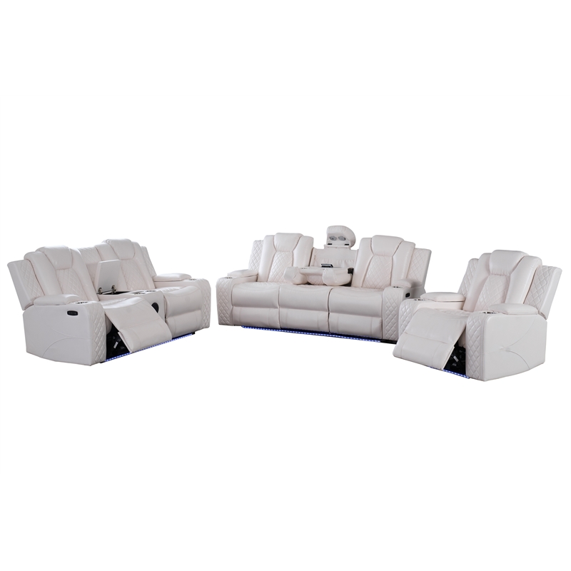 Power Reclining Sofa Set White Faux Leather 3-Piece & LED Lights Speaker Wireless Charging