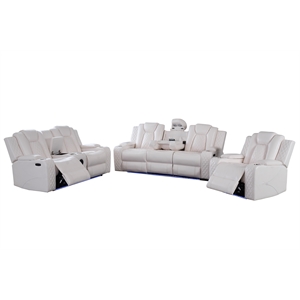 Power Reclining Sofa Set White Faux Leather 3-Piece & LED Lights Speaker Wireless Charging