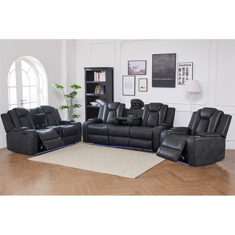 Power Reclining Sofa Set Gray Faux Leather 3-Piece & LED Lights Speaker Wireless Charging