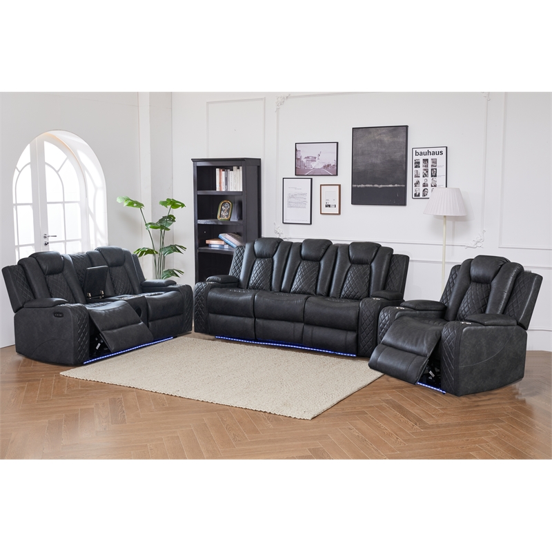 Power Reclining Sofa Set Gray Faux Leather 3-Piece & LED Lights Speaker Wireless Charging