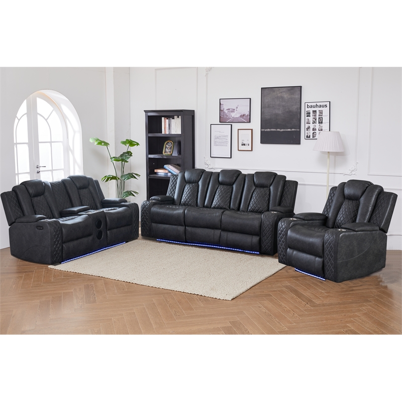 Power Reclining Sofa Set Gray Faux Leather 3-Piece & LED Lights Speaker Wireless Charging