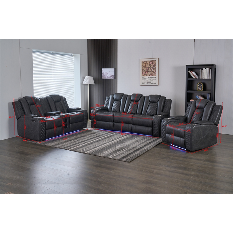 Power Reclining Sofa Set Gray Faux Leather 3-Piece & LED Lights Speaker Wireless Charging