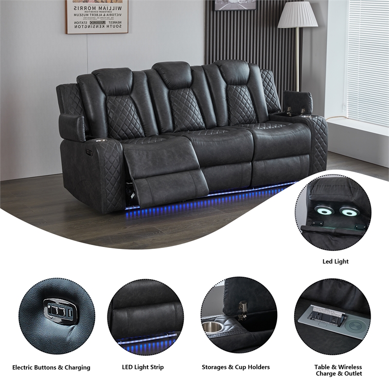 Power Reclining Sofa Set Gray Faux Leather 3-Piece & LED Lights Speaker Wireless Charging