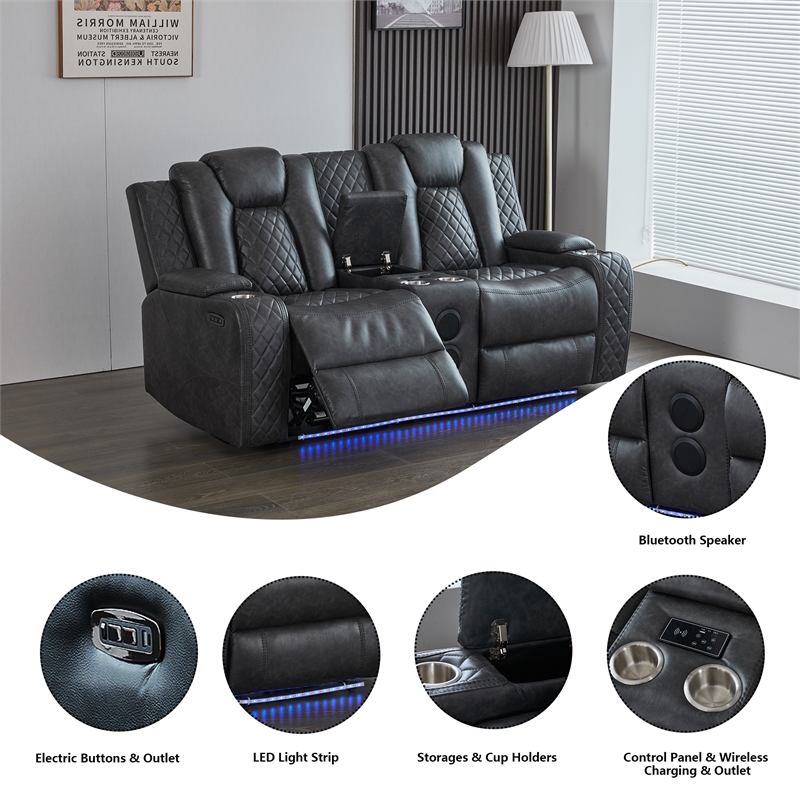 Power Reclining Sofa Set Gray Faux Leather 3-Piece & LED Lights Speaker Wireless Charging