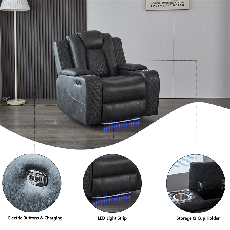 Power Reclining Sofa Set Gray Faux Leather 3-Piece & LED Lights Speaker Wireless Charging