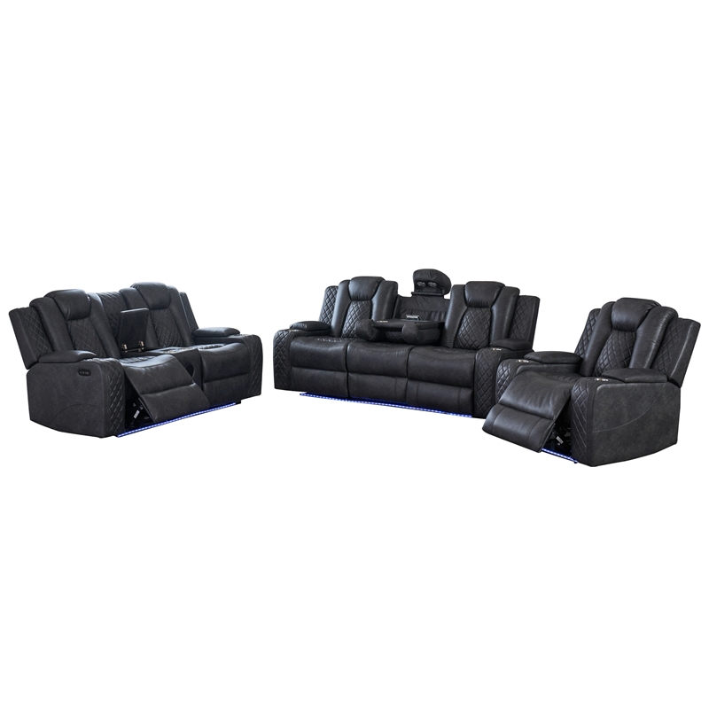 Power Reclining Sofa Set Gray Faux Leather 3-Piece & LED Lights Speaker Wireless Charging
