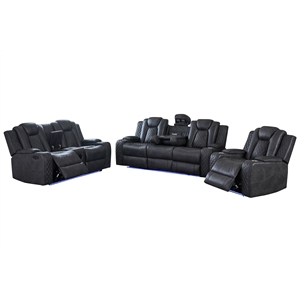 Power Reclining Sofa Set Gray Faux Leather 3-Piece & LED Lights Speaker Wireless Charging