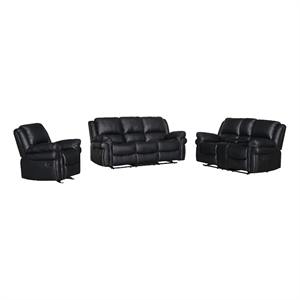 3-Piece Black Faux Leather Reclining Sofa Set with Cup Holders & Storage & Drop Down Table