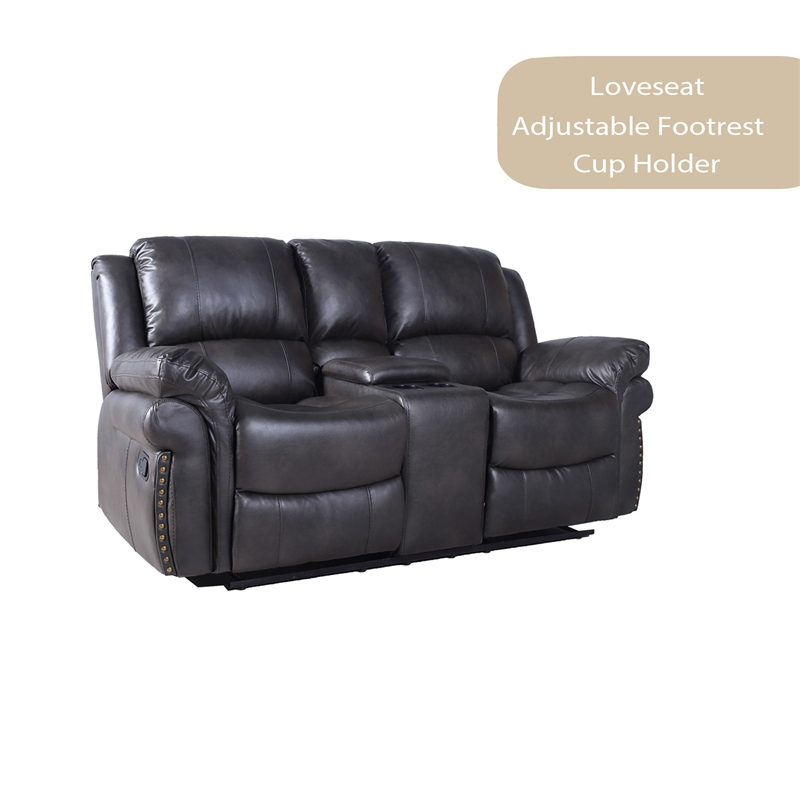 3-Piece Gray Faux Leather Reclining Sofa Set with Cup Holders & Storage & Drop Down Table
