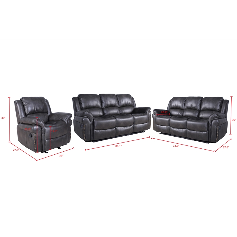 3-Piece Gray Faux Leather Reclining Sofa Set with Cup Holders & Storage & Drop Down Table