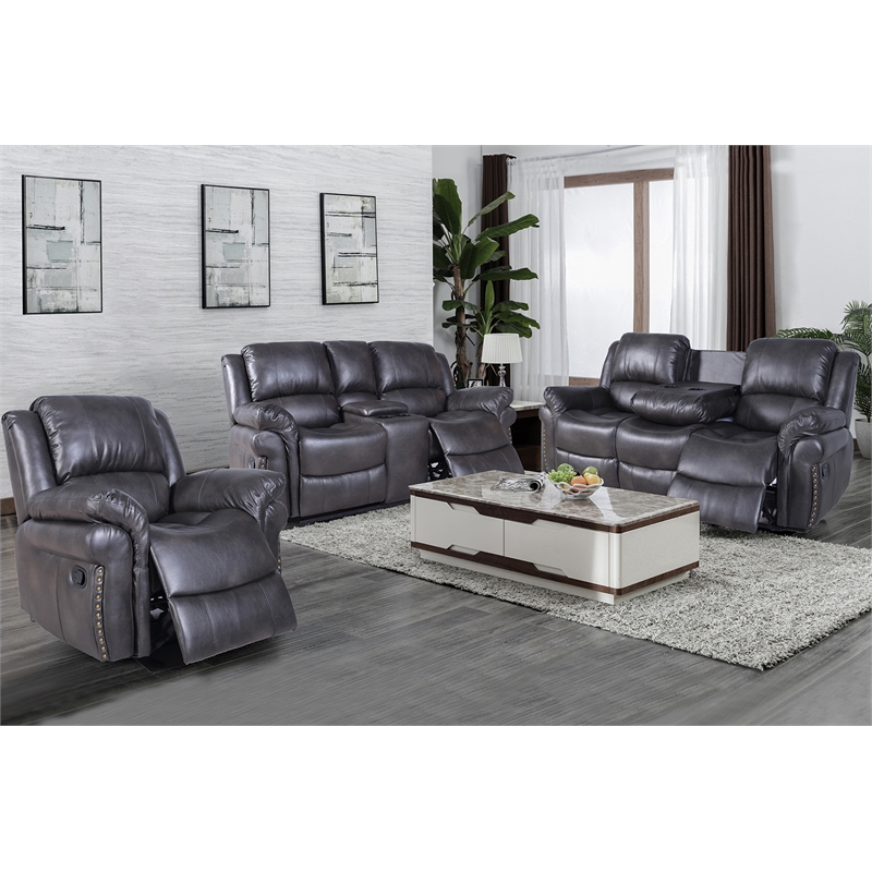 3-Piece Gray Faux Leather Reclining Sofa Set with Cup Holders & Storage & Drop Down Table