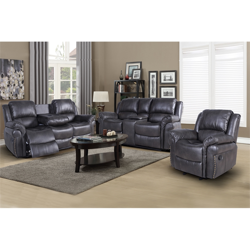 3-Piece Gray Faux Leather Reclining Sofa Set with Cup Holders & Storage & Drop Down Table