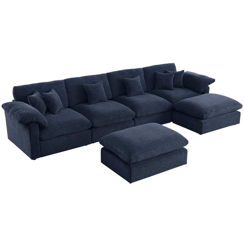 GOOEEN U-Shaped Chenille Sectional Sofa with Ottoman Blue