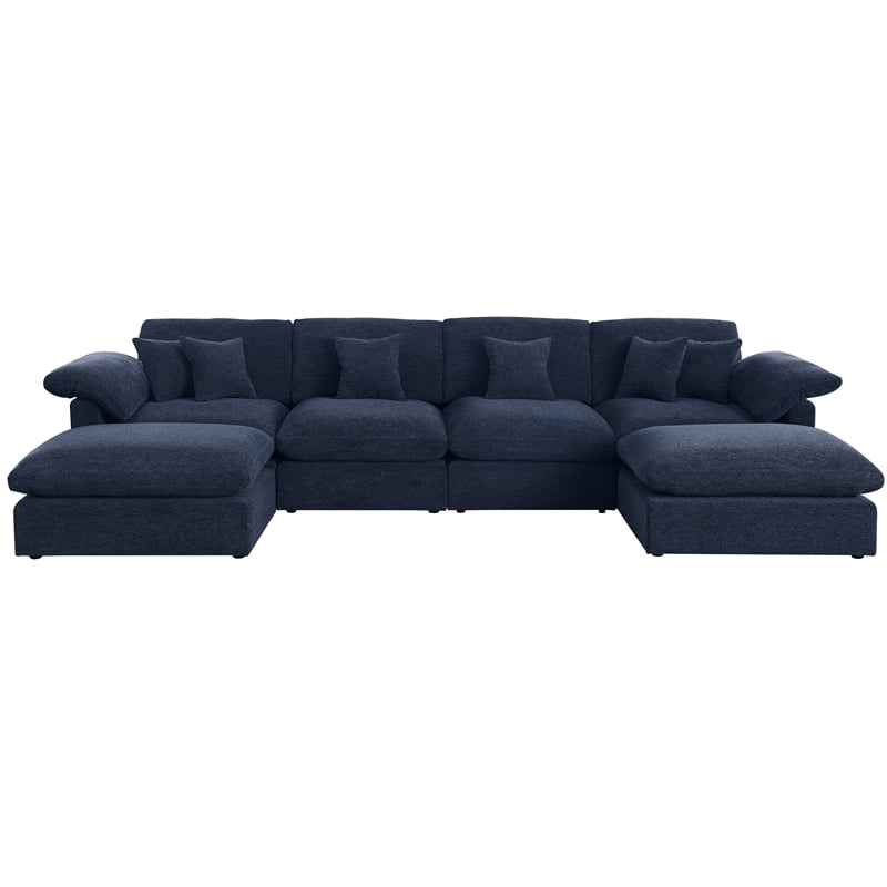 GOOEEN U-Shaped Chenille Sectional Sofa with Ottoman Blue