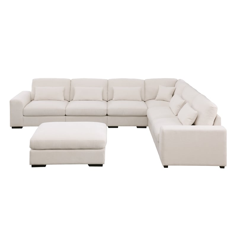 6 Seater Sectional Sofa Set Chenille Beige & Ottoman Pillows