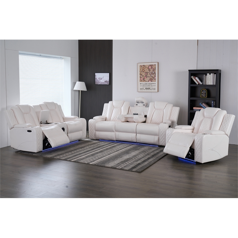 3-Piece Power Reclining PU Leather Sofa Set & Speaker White