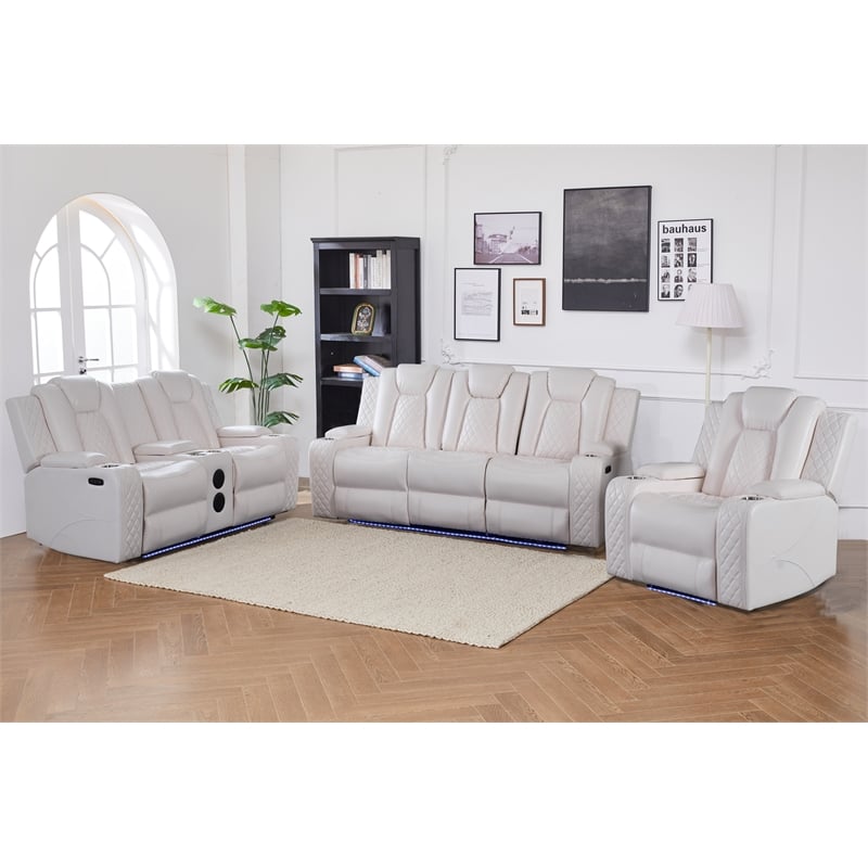 3-Piece Power Reclining PU Leather Sofa Set & Speaker White