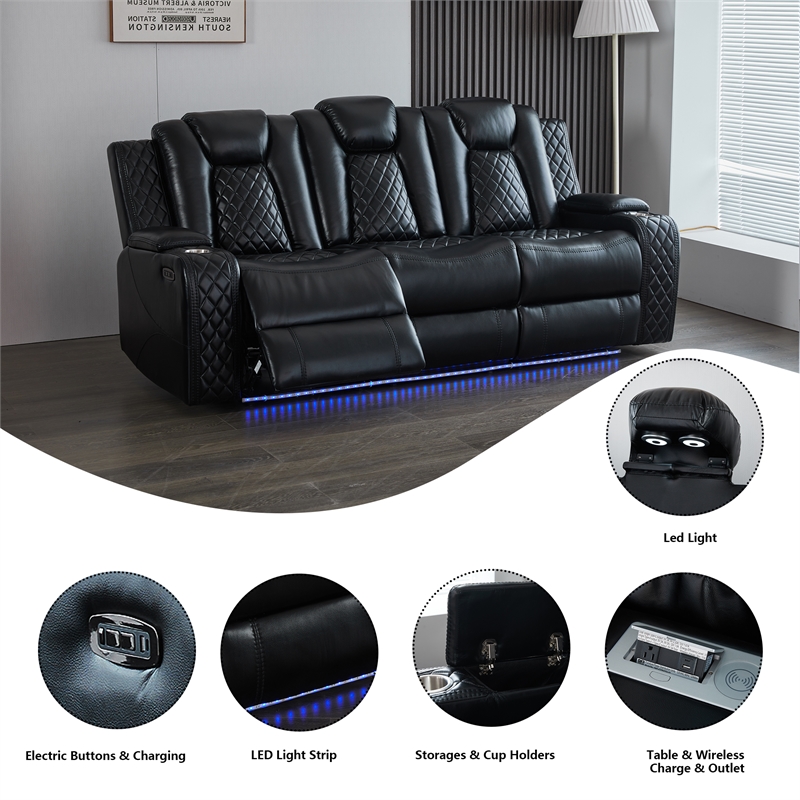 3-Piece Power Reclining PU Leather Sofa Set & Speaker Black