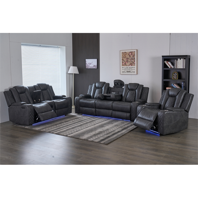 3-Piece Power Reclining PU Leather Sofa Set & Speaker Gray