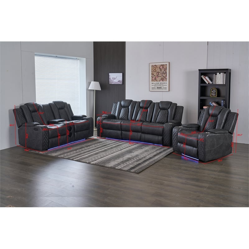 3-Piece Power Reclining PU Leather Sofa Set & Speaker Gray