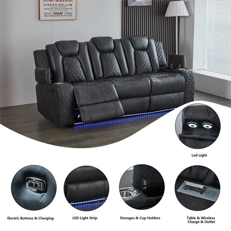 3-Piece Power Reclining PU Leather Sofa Set & Speaker Gray