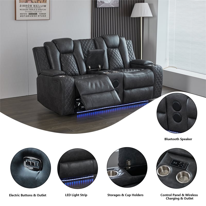 3-Piece Power Reclining PU Leather Sofa Set & Speaker Gray