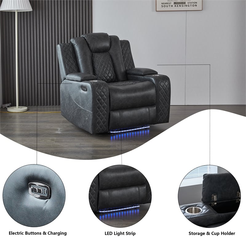 3-Piece Power Reclining PU Leather Sofa Set & Speaker Gray