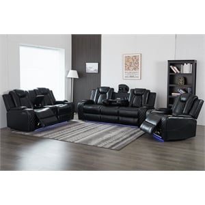 3PCS Power Reclining PU Leather Sofa Set & LED Strip Speaker Black
