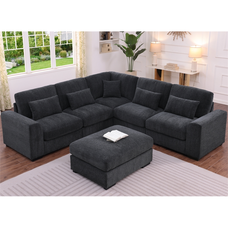 L-Shape Chenille Sectional Sofa with Ottoman & Pillows 5-Seat Gray